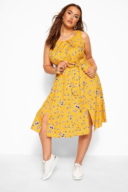 Yellow Floral Pleat Neck Dress Yours Clothing