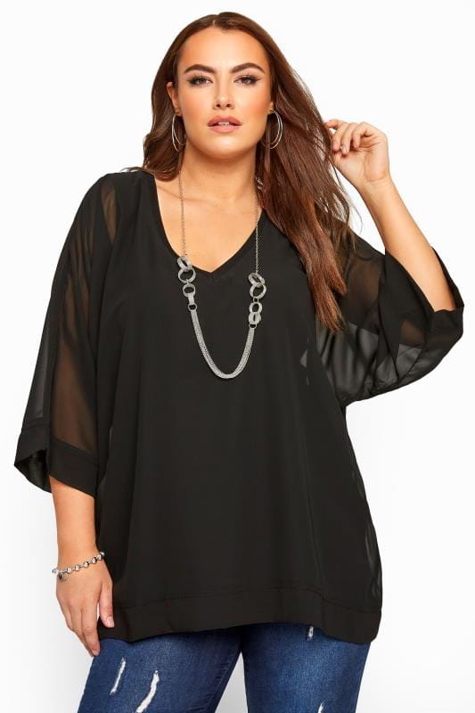 YOURS LONDON Black Chiffon Cape Top | Plus Sizes 16 to 32 | Yours Clothing