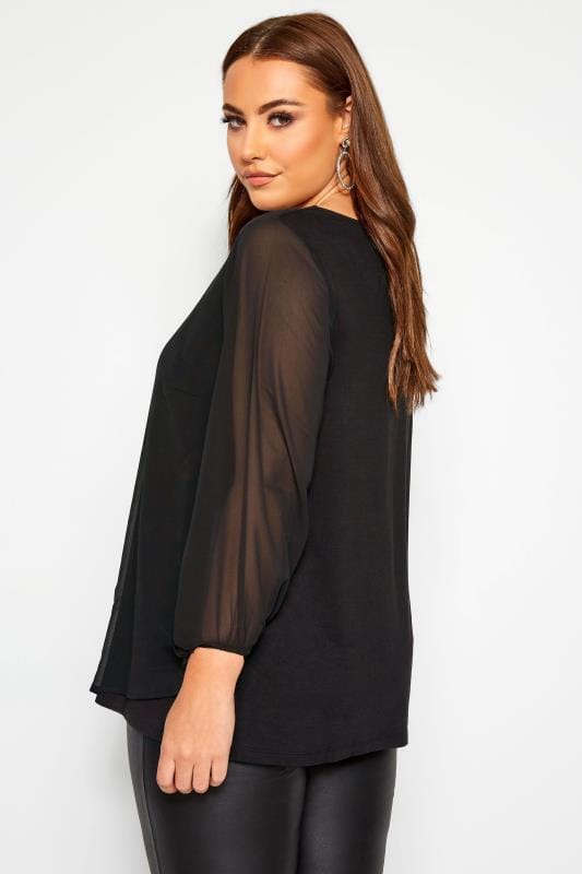 YOURS LONDON Black Chiffon Tie Sleeve Blouse | Yours Clothing