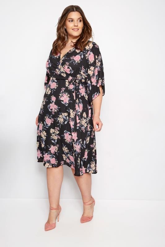 YOURS LONDON Black Floral Chiffon Wrap Dress | Sizes 16 to 36 | Yours ...