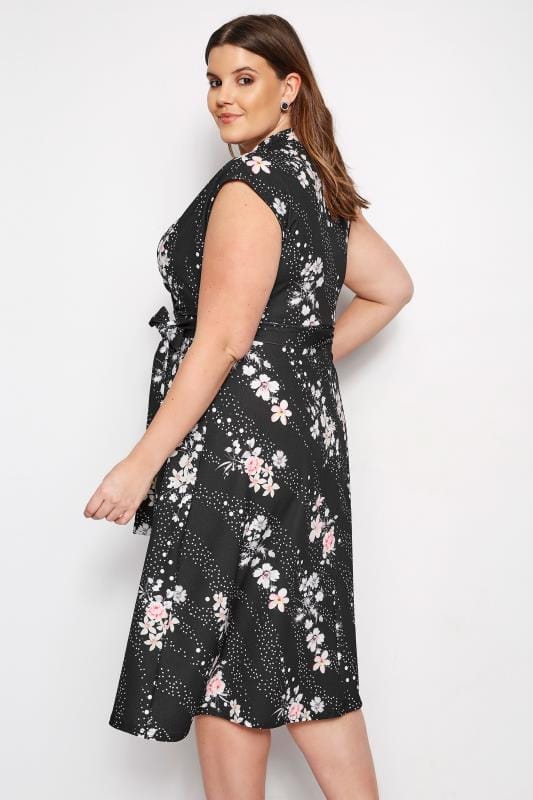 Plus Size YOURS LONDON Black Floral Wrap Skater Dress | Sizes 16 to 36 ...