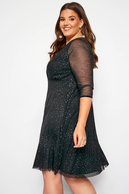 YOURS LONDON Black Glitter Mesh Wrap Dress | Yours Clothing