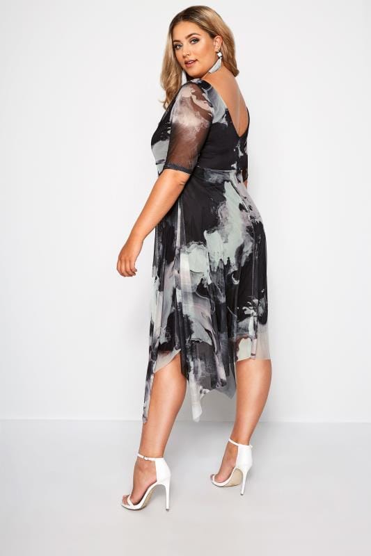 Grey Marble Midi Dress With Cowl Neck 