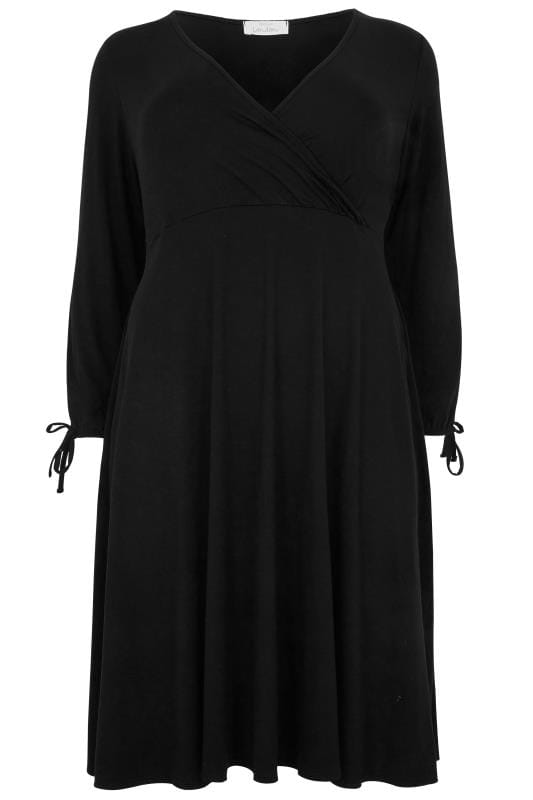 YOURS LONDON Black Jersey Wrap Dress With Tie Sleeves, plus size 16 to 36