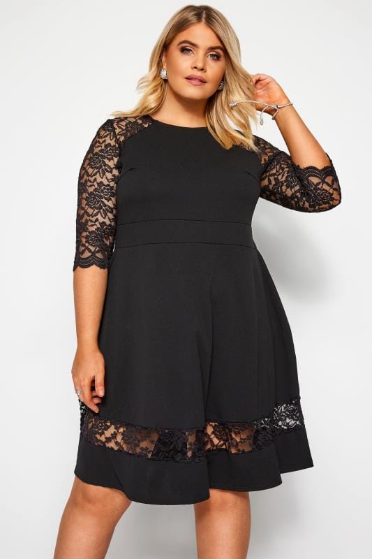 YOURS LONDON Black Lace Skater Dress | Yours Clothing