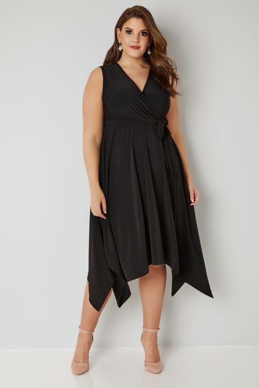 YOURS LONDON Black Wrap Dress With Hanky Hem, plus size 16 to 36 ...