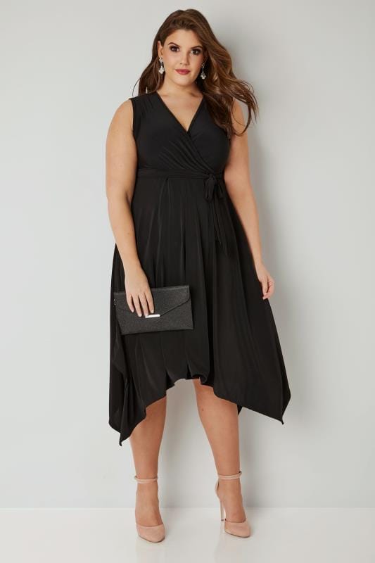 YOURS LONDON Black Wrap Dress With Hanky Hem, plus size 16 to 36 ...