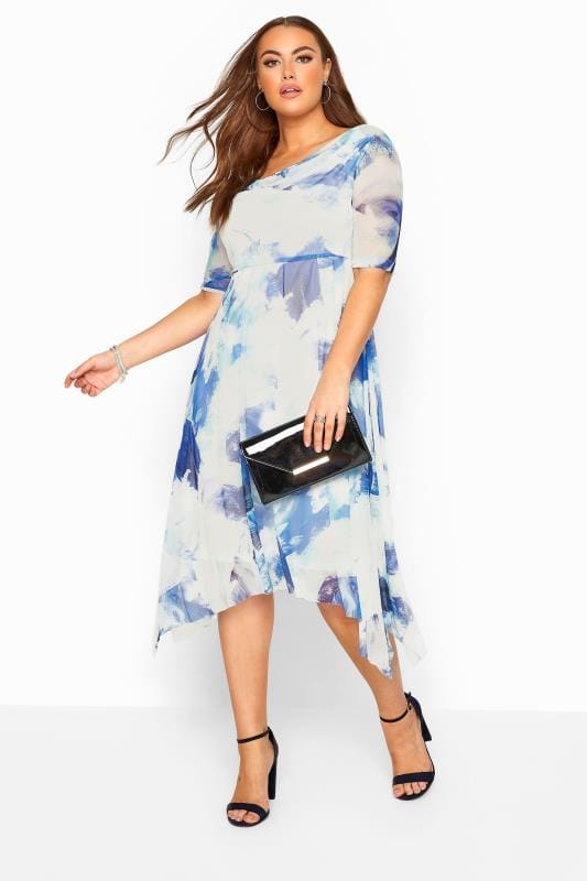 YOURS LONDON Blue Brushstroke Cowl Neck Dress | Yours Clothing