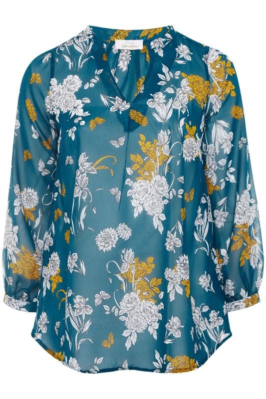 YOURS LONDON Blue Floral Chiffon Blouse | Yours Clothing