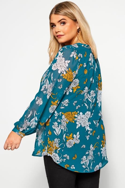 YOURS LONDON Blue Floral Chiffon Blouse | Yours Clothing