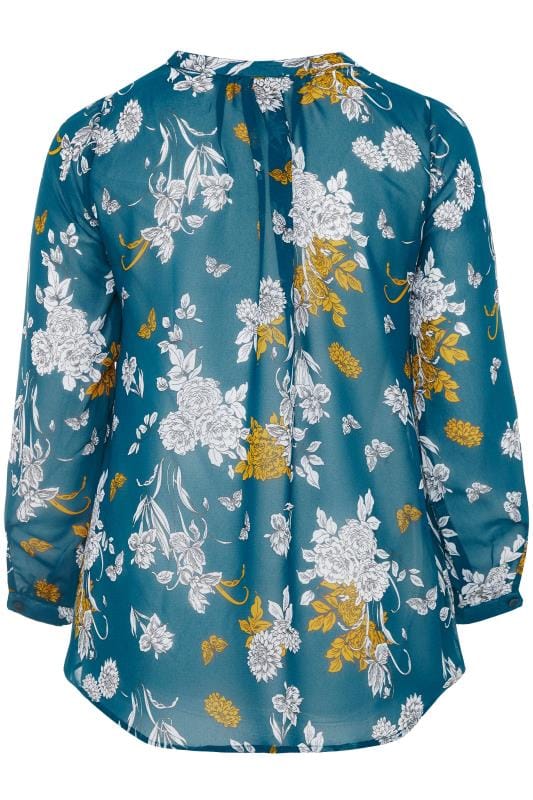 YOURS LONDON Blue Floral Chiffon Blouse | Yours Clothing