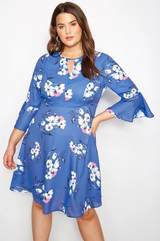 Plus Size YOURS LONDON Blue Floral Dress With Fluted Sleeves | Sizes 16 ...