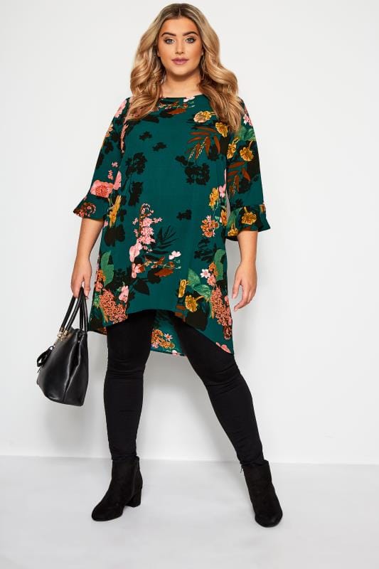 YOURS LONDON Bottle Green Floral Print Longline Blouse | Yours Clothing