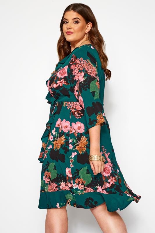 YOURS LONDON Bottle Green Floral Wrap Ruffle Dress | Yours Clothing