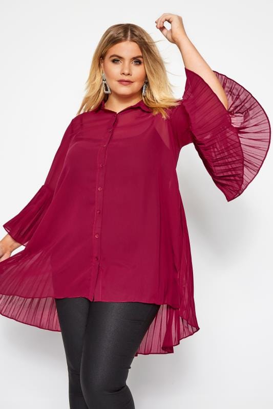 YOURS LONDON Burgundy Pleated Chiffon Shirt | Yours Clothing 2