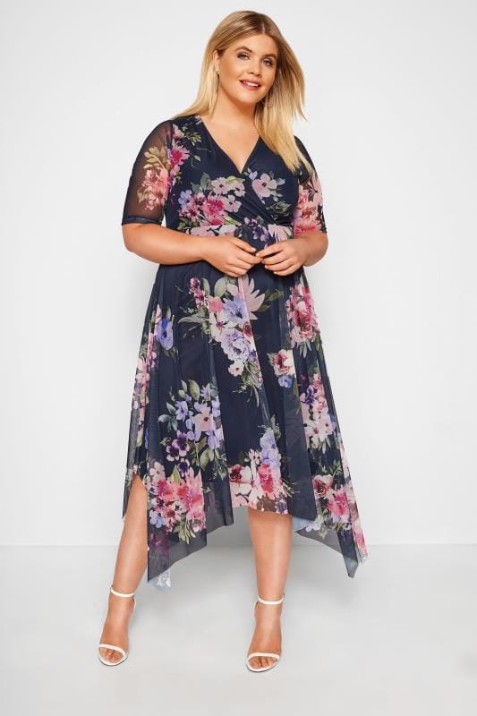 Yours London Navy Floral Mesh Midi Dress With Hanky Hem Sizes 16 36 Yours Clothing
