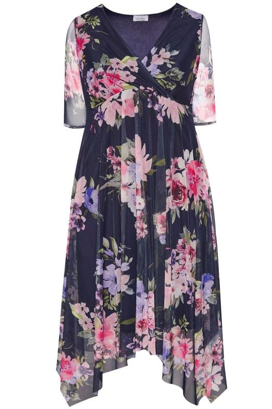 Yours London Navy Floral Mesh Midi Dress With Hanky Hem Sizes 16 36 Yours Clothing