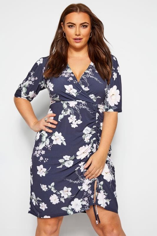 YOURS LONDON Navy Floral Ruched Wrap Dress | Yours Clothing
