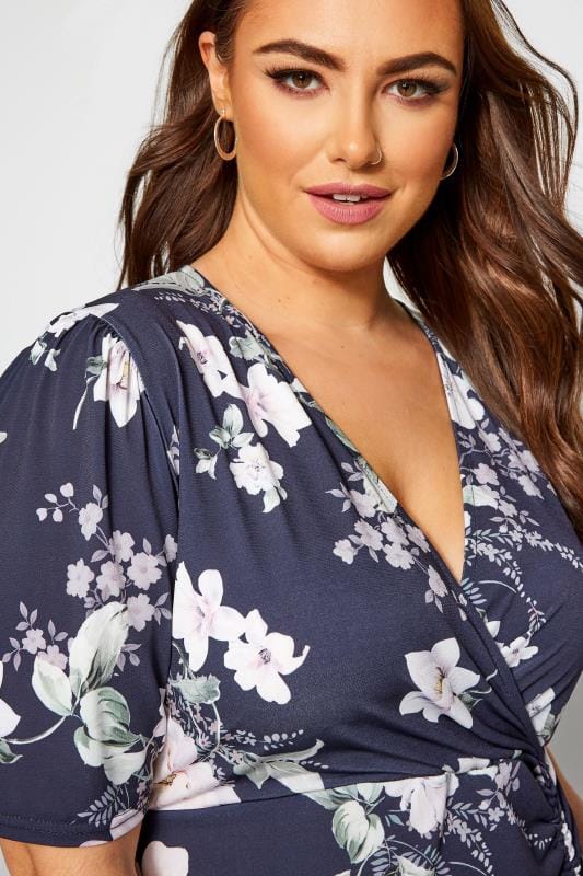 Yours London Navy Floral Ruched Wrap Dress Yours Clothing 