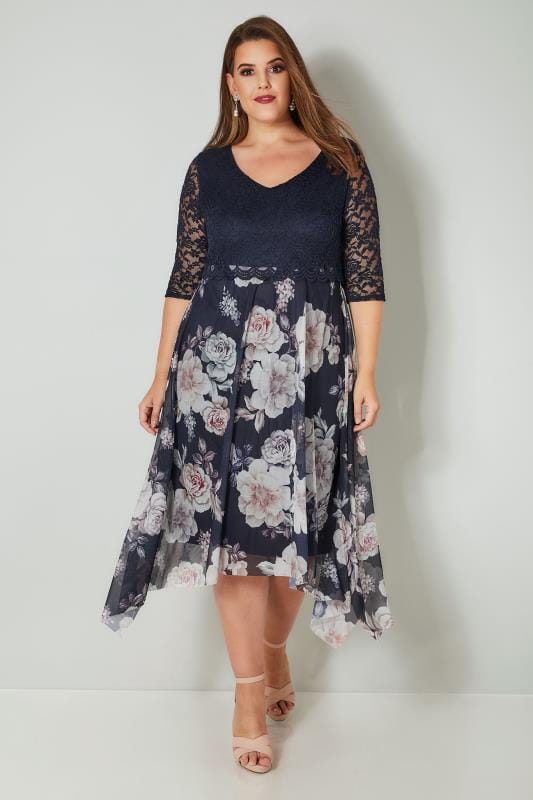 YOURS LONDON Navy Floral Dress With Lace Overlay, plus