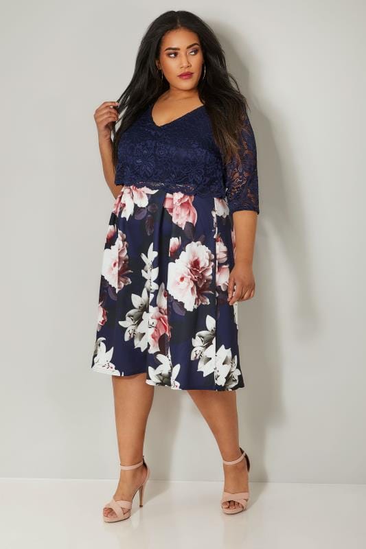 Yours London Navy And Multi Floral Print Lace Overlay Midi