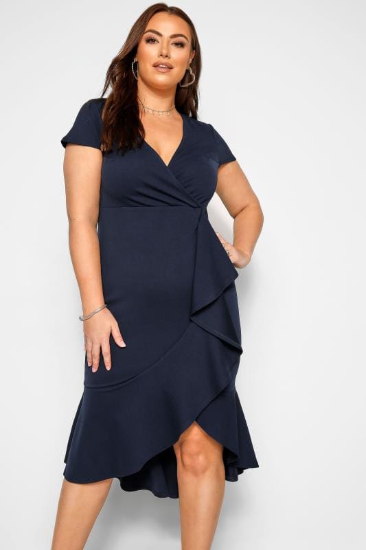 YOURS LONDON Navy Wrap Ruffle Dress | Yours Clothing