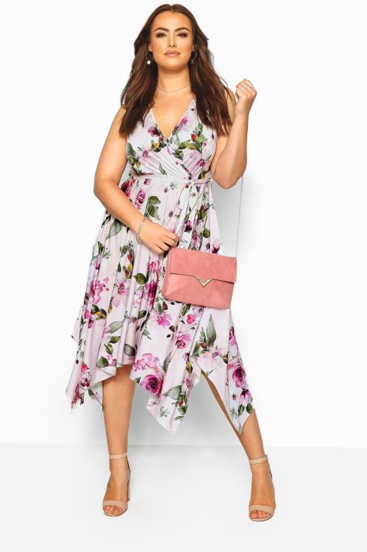 YOURS LONDON Pink Floral Wrap Dress With Hanky Hem | Plus 