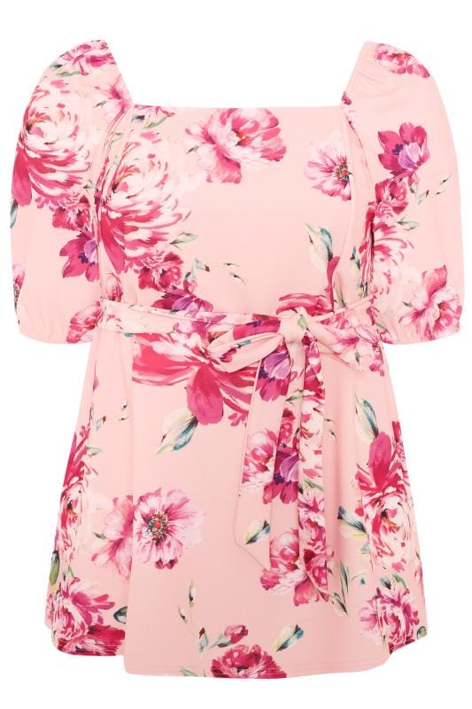 YOURS LONDON Pink Floral Square Neck Peplum Top | Yours Clothing