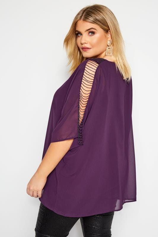 YOURS LONDON Purple Beaded Cold Shoulder Cape Top | Yours Clothing