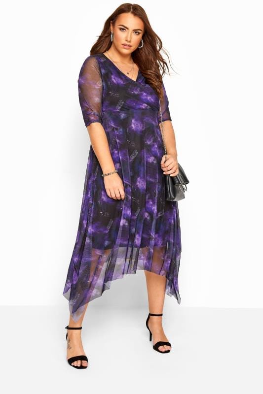 Yours London Purple Brushstroke Print Wrap Mesh Dress Yours Clothing 