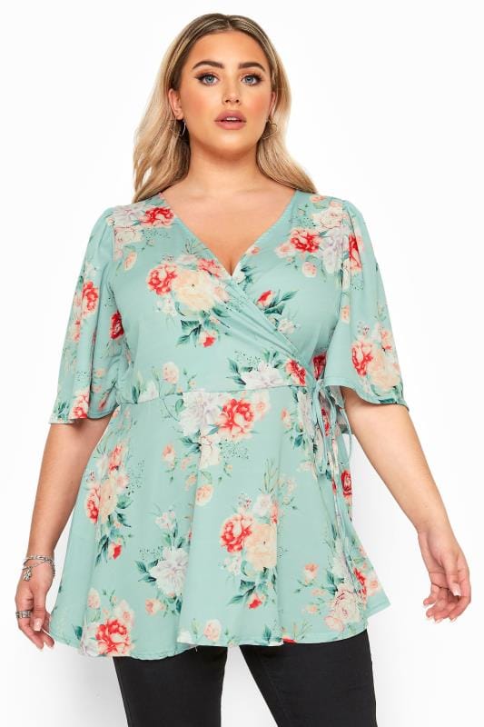 YOURS LONDON Sage Green Floral Print Wrap Top | Yours Clothing