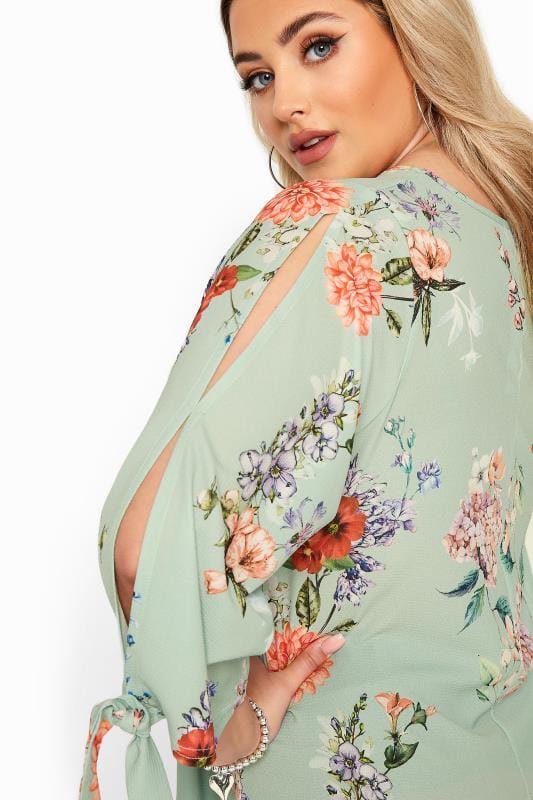 YOURS LONDON Sage Green Floral Split Sleeve Top | Yours Clothing 4