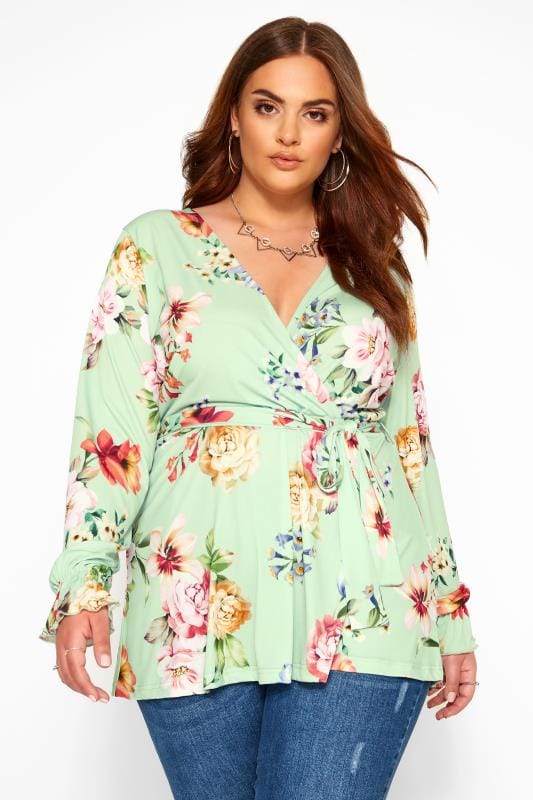 Yours London Sage Green Floral Wrap Top Yours Clothing