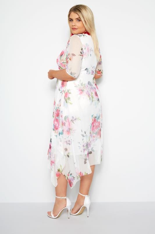 Yours London White Floral Mesh Midi Dress With Hanky Hem Plus Size 16 To 32 Yours Clothing