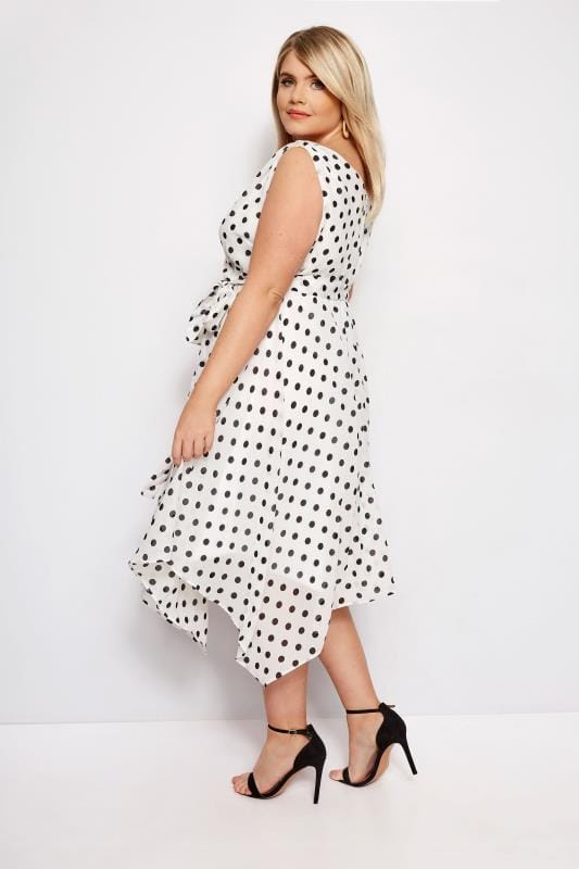 Plus Size Yours London White Polka Dot Wrap Dress With Hanky Hem