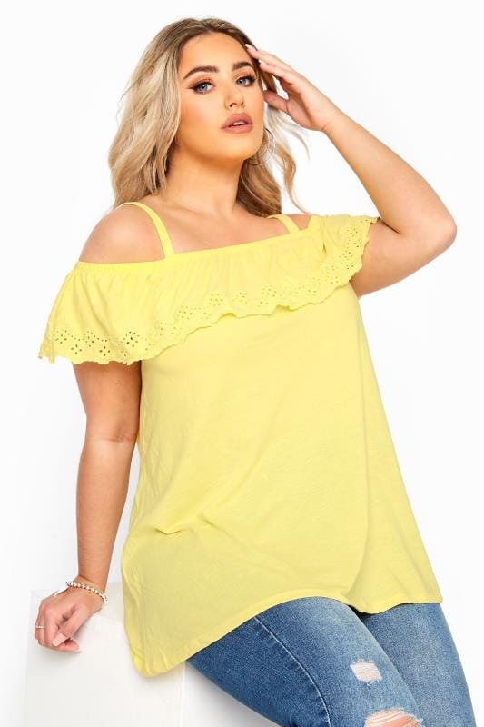 Womens Plus Size White & Yellow Floral Print Frill Cold Shoulder Top