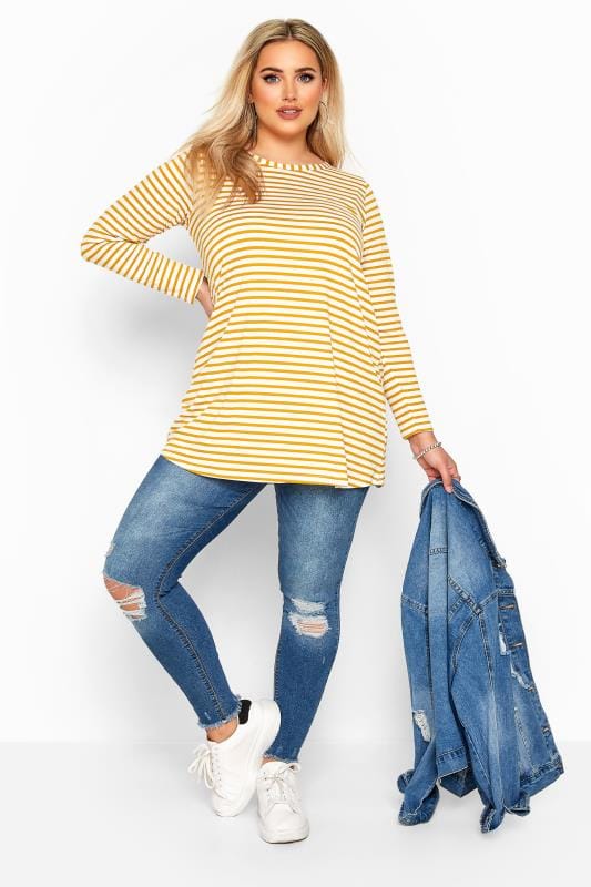 Yellow & White Striped Jersey Top | Yours Clothing
