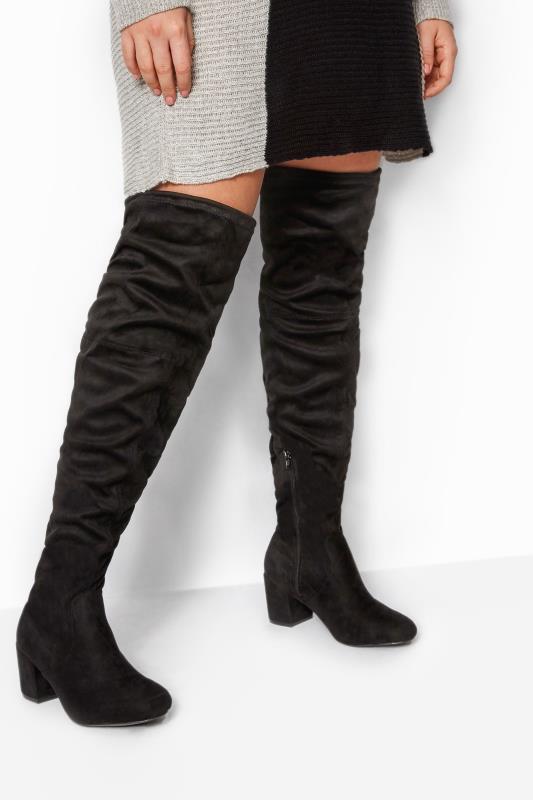 Wide Fit Boots Black Faux Suede Over The Knee Boots In Wide E Fit & Extra Wide EEE Fit