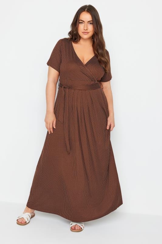 Plus Size  YOURS Curve Brown Dot Print Maxi Wrap Dress