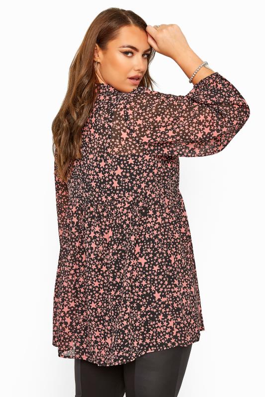 Black & Pink Star Print Peplum Chiffon Shirt 3
