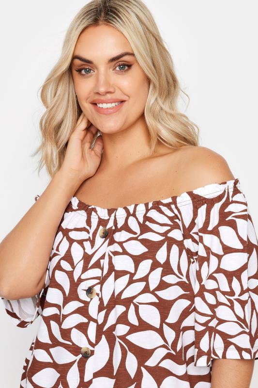 YOURS Plus Size Brown Leaf Print Bardot Top | Yours Clothing 4