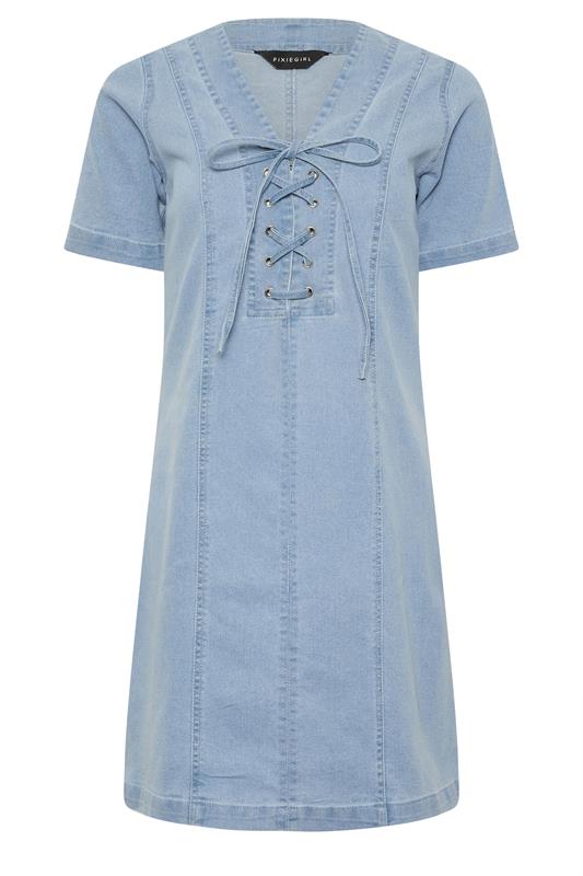 PixieGirl Petite Women's Light Blue Lace Up Denim Mini Dress | PixieGirl 6