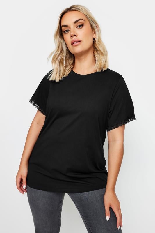 YOURS Plus Size Black Lace Trim T-Shirt | Yours Clothing  2