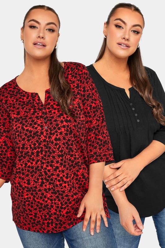 Plus Size  YOURS Curve 2 PACK Black & Red Ditsy Floral Pintuck Henley Tops