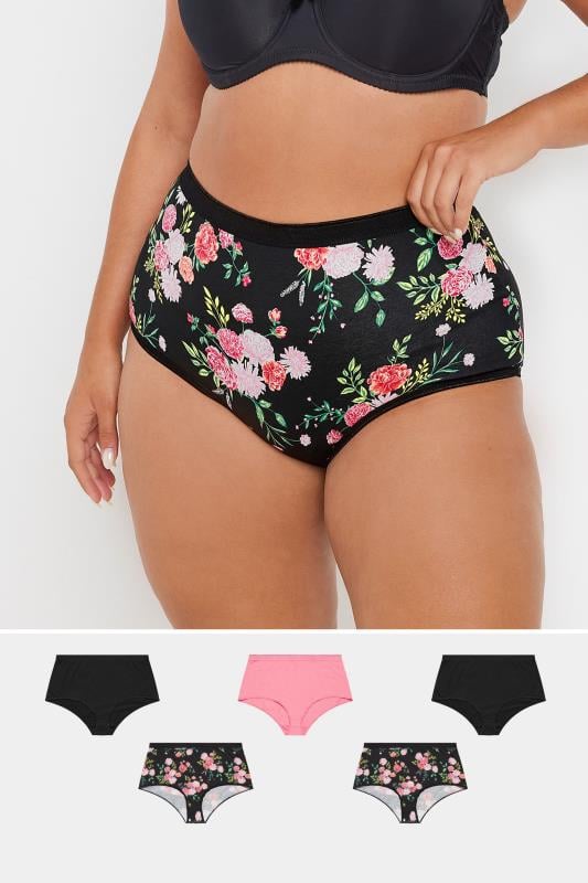  YOURS 5 PACK Curve Black Floral Print Full Briefs