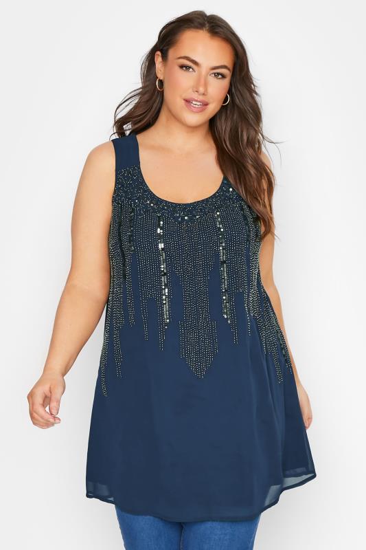 Plus Size  LUXE Curve Navy Blue Sequin Hand Embellished Cami Top