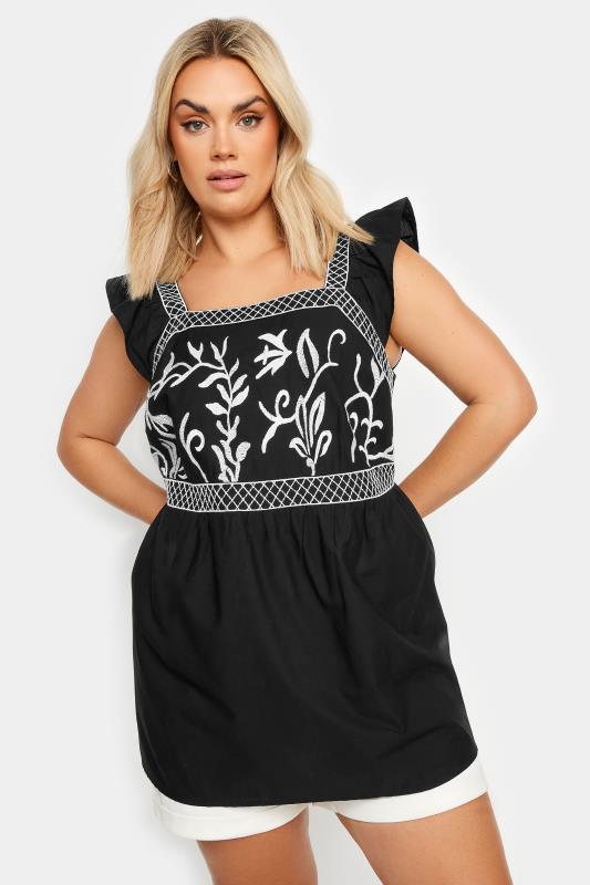 YOURS Plus Size Black & White Embroidered Peplum Top | Yours Clothing 1