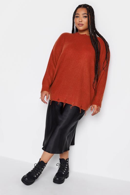 YOURS Plus Size Orange Distressed Knitted Jumper | Yours Clothing 3