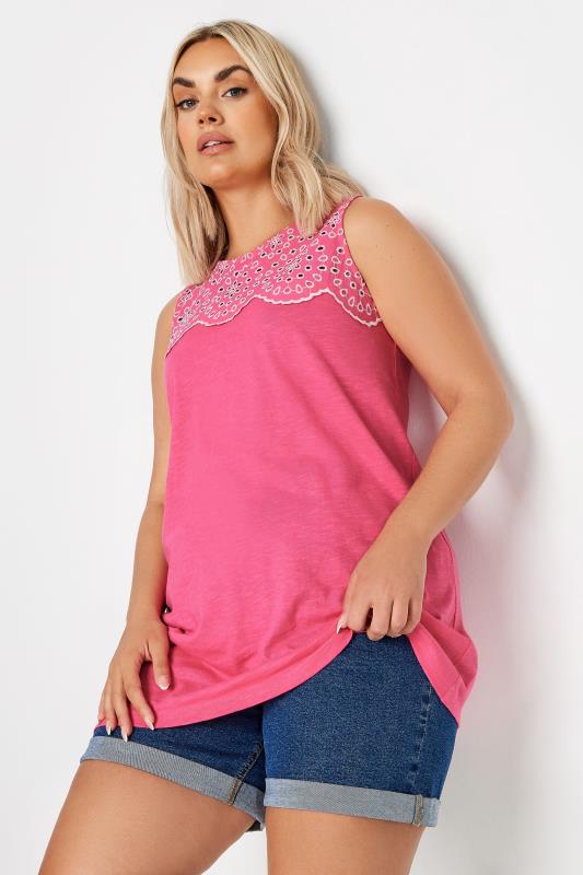  Grande Taille YOURS Curve Pink Broderie Anglaise Detail Vest Top