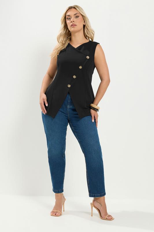 YOURS Plus Size Black Asymmetric Button Waistcoat | Yours Clothing 1
